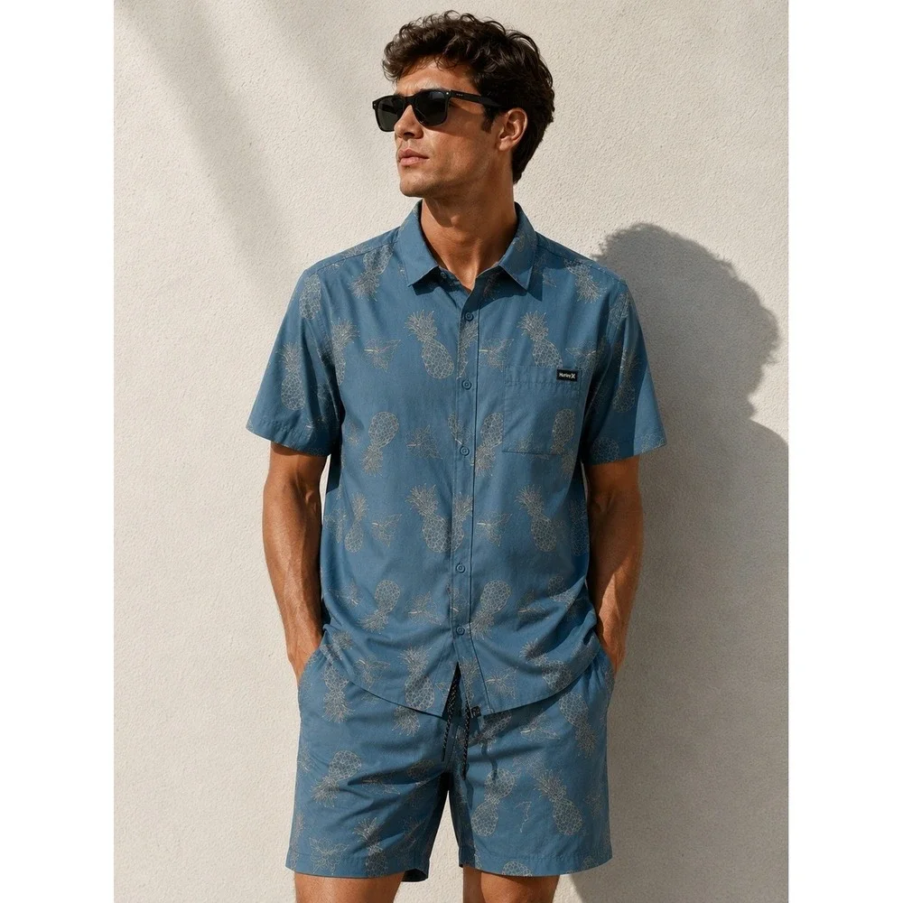 Hurley Mens 2PC Pineapple Swim Set Hypnotic Blue Shirt Shorts Men Size Large NEW